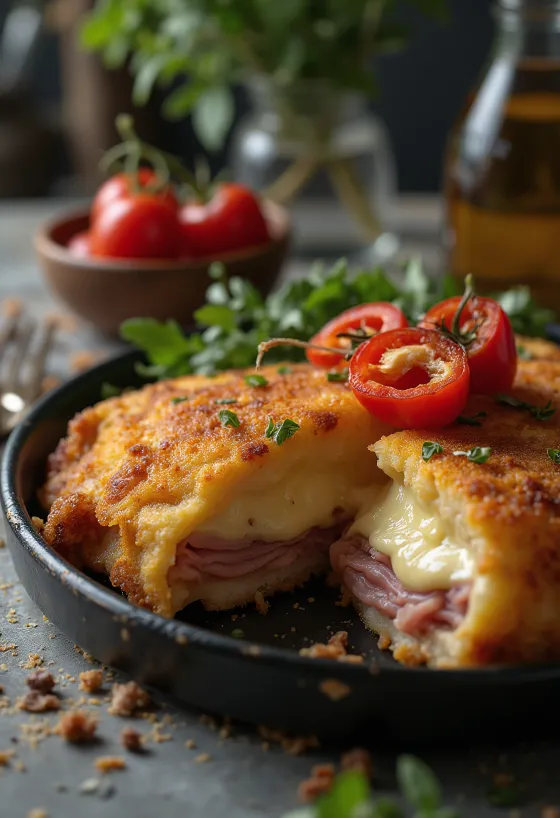 Cachopo servido con papas fritas y limón