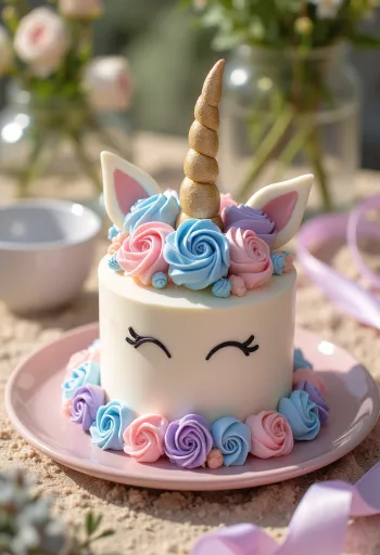 Pastel de unicornio con capas de colores y decoración de fondant