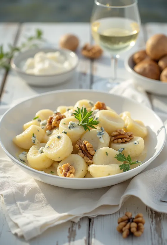 Gnocchi con salsa de queso azul servido
