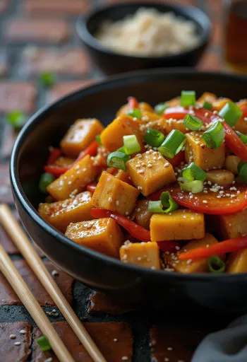 Wok de calabaza con tofu servido