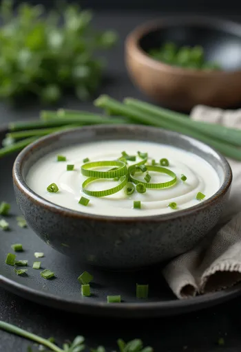Salsa cremosa de cebollín en un tazón con cebollín fresco.