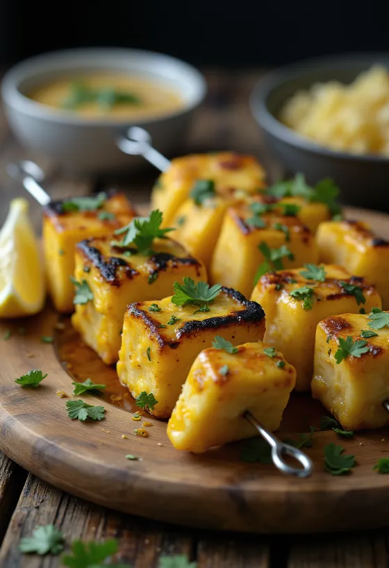 Achari paneer tikka trozos de paneer asado, sazonados en marinada de yogurt, servidos con cilantro fresco y limón