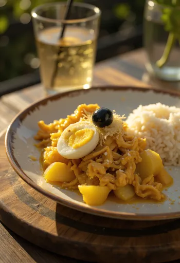 Ají de Gallina con cebolla servido con huevo cocido y almendras fileteadas