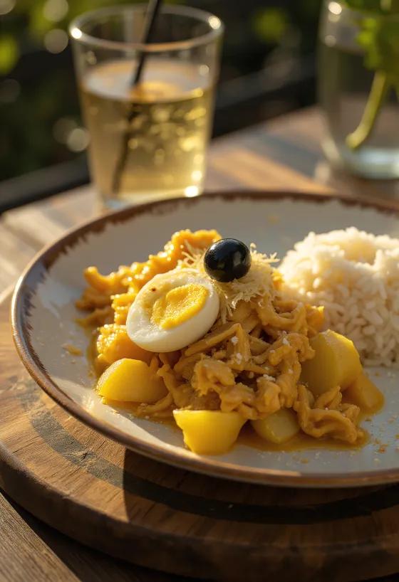 Ají de Gallina con cebolla servido con huevo cocido y almendras fileteadas