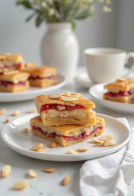 Tarta Bakewell servida en rebanadas, dulce rico de almendra con mermelada y decorado con almendras
