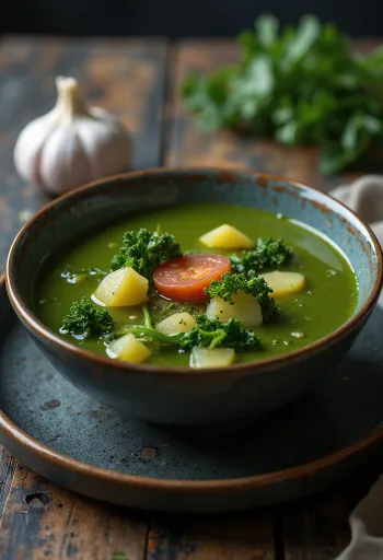 Caldo verde con ajo, servido con abundantes papas, hojas de kale y chorizo.