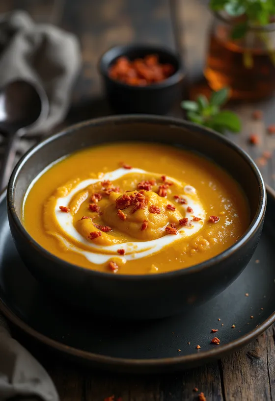 Crema de calabaza con chile servida