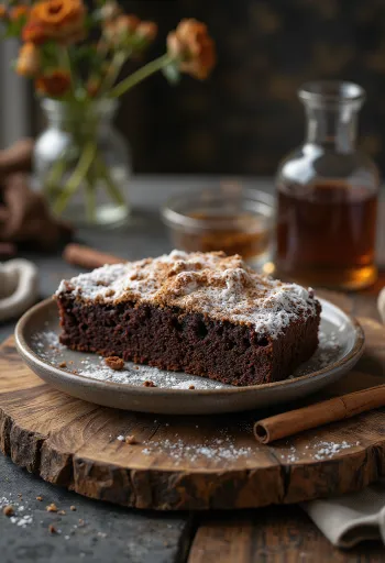 Pastel de chocolate y canela espolvoreado con azúcar glass