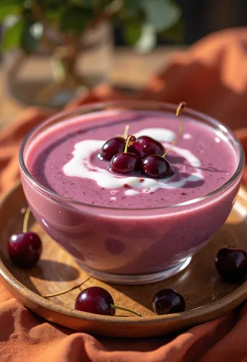 Refrescante sopa fría de cerezas decorada con crema batida, servida en tazón blanco.