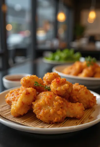 Karaage con shichimi togarashi, trozos de pollo crujientes dorados