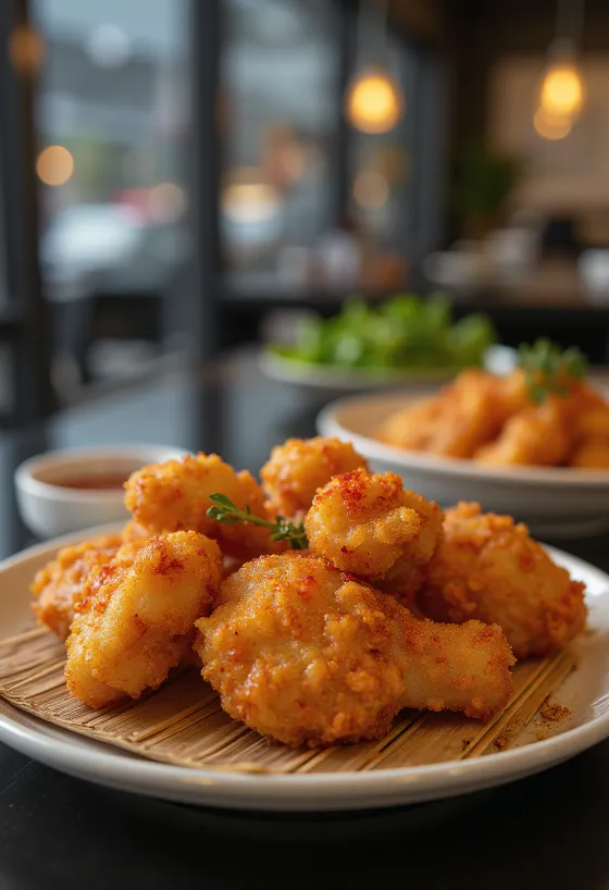 Karaage con shichimi togarashi, trozos de pollo crujientes dorados