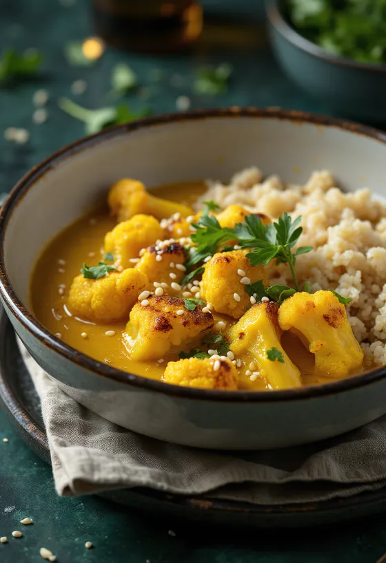 Curry de quinoa con coliflor y tofu