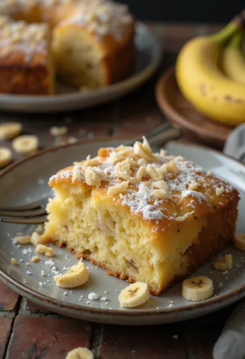 Pastel de plátano y coco espolvoreado con azúcar glass y decorado con coco rallado
