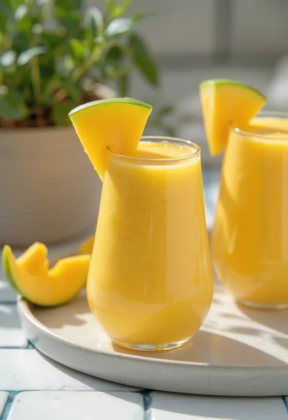 Smoothie de mango en vaso alto, decorado con rodajas de mango