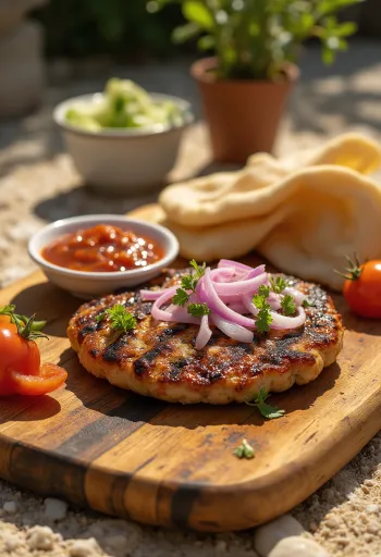 Pljeskavica, carne de hamburguesa serbia con ajvar y papas fritas