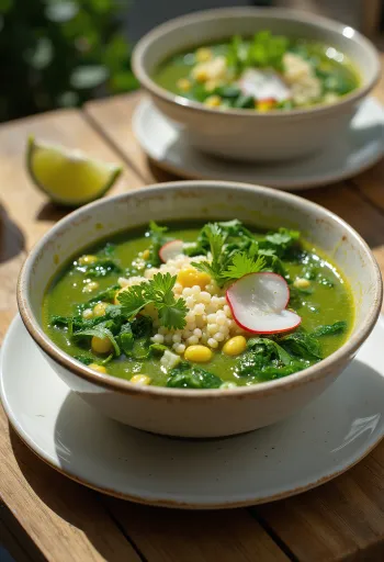 Pozole con espinacas, sopa mexicana con espinacas
