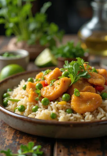 Saltfish con arroz y chícharos de guarnición, un platillo caribeño con ricas verduras y arroz con pescado