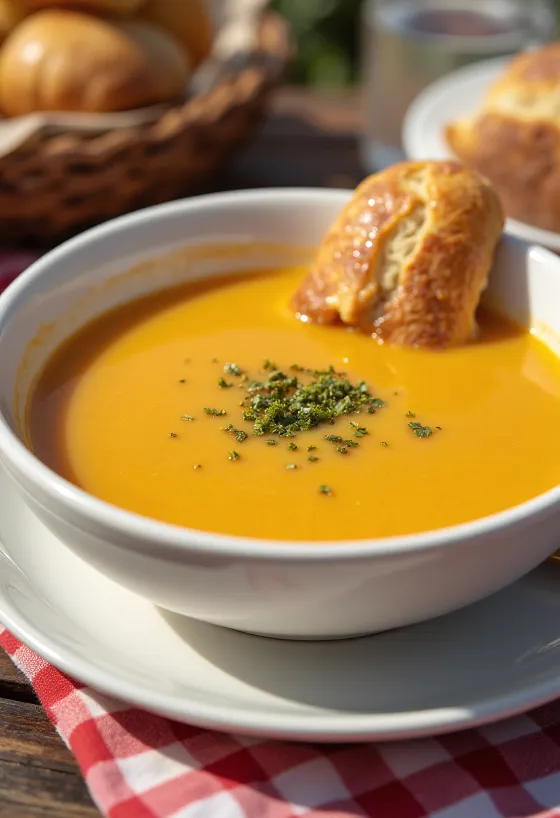 Sopa cremosa de vegetales con calabaza servida