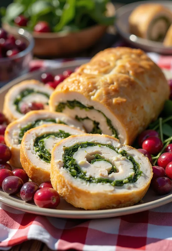 Rollo de pavo con arándanos servido con verduras.
