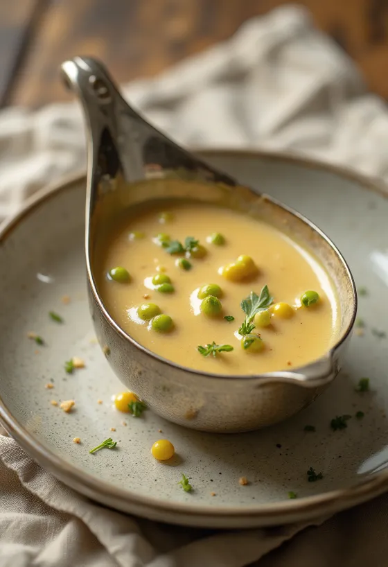 Salsa de mantequilla con pimienta verde y mostaza Dijon servida