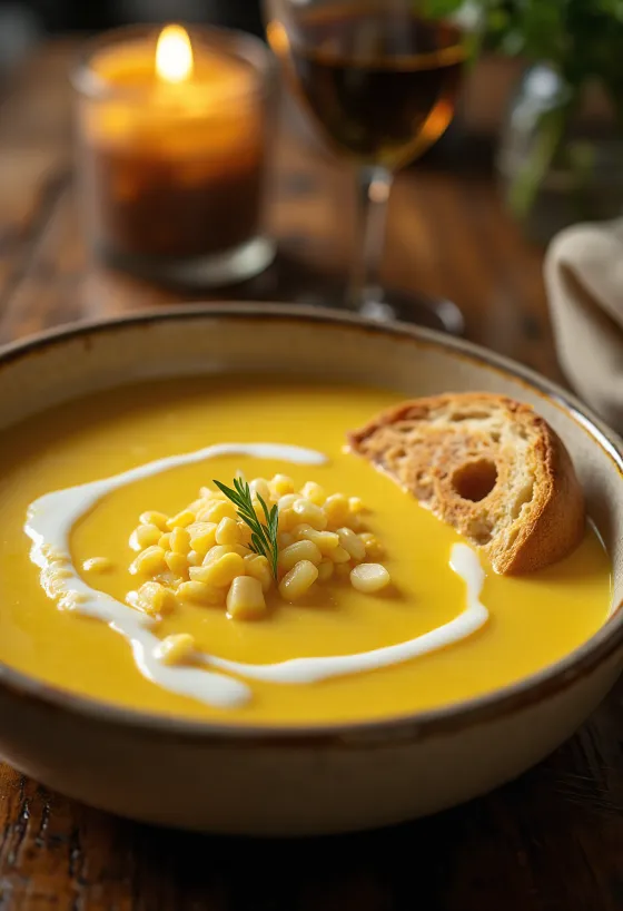 Crema de elote cremosa decorada con perejil fresco, servida en tazón blanco.