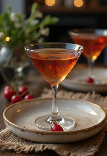 Cóctel Manhattan decorado con cereza de cóctel y cáscara de naranja