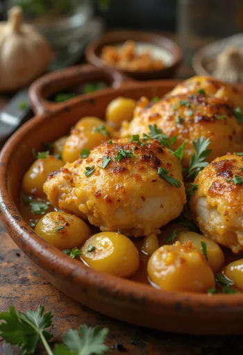 Pollo al Ajillo servido con salsa de vino blanco