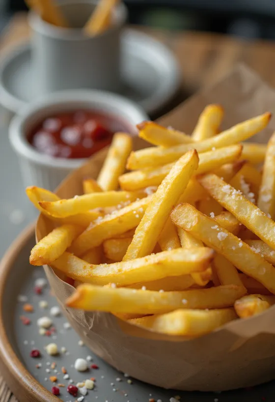 Papas a la francesa doradas fritas hasta quedar crujientes y espolvoreadas con hierbas frescas.