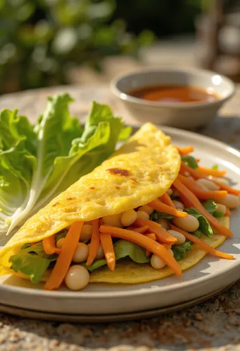 Bánh xèo con verduras, crepa vietnamita crujiente servida con lechuga fresca