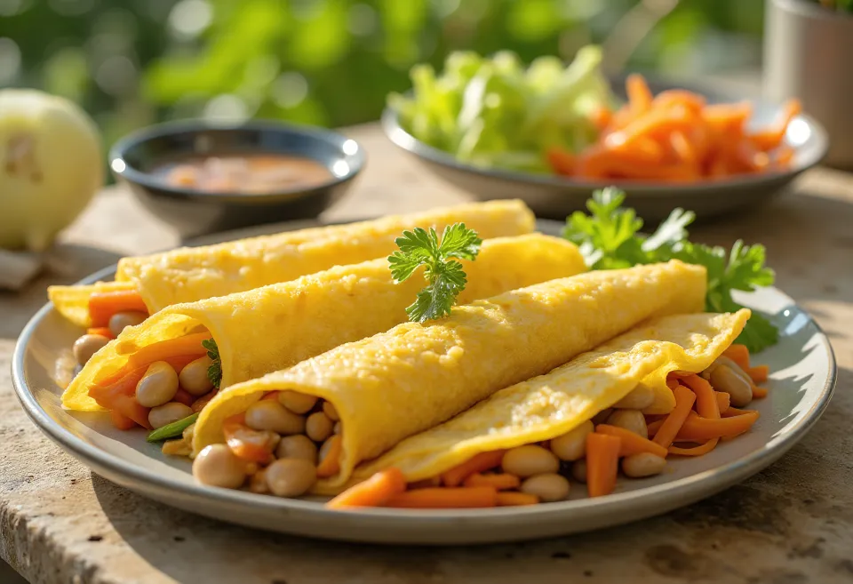 Bánh xèo con verduras, crepa vietnamita crujiente servida con lechuga fresca