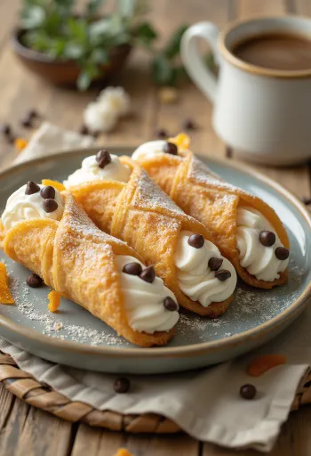 Cannoli con relleno de ricotta, espolvoreado con azúcar glass
