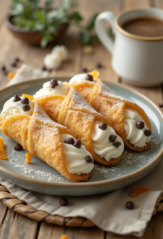 Cannoli con relleno de ricotta, espolvoreado con azúcar glass