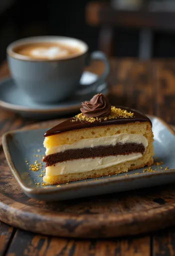 Pastel Ópera francés con capas de ganache de chocolate y sabor a espresso
