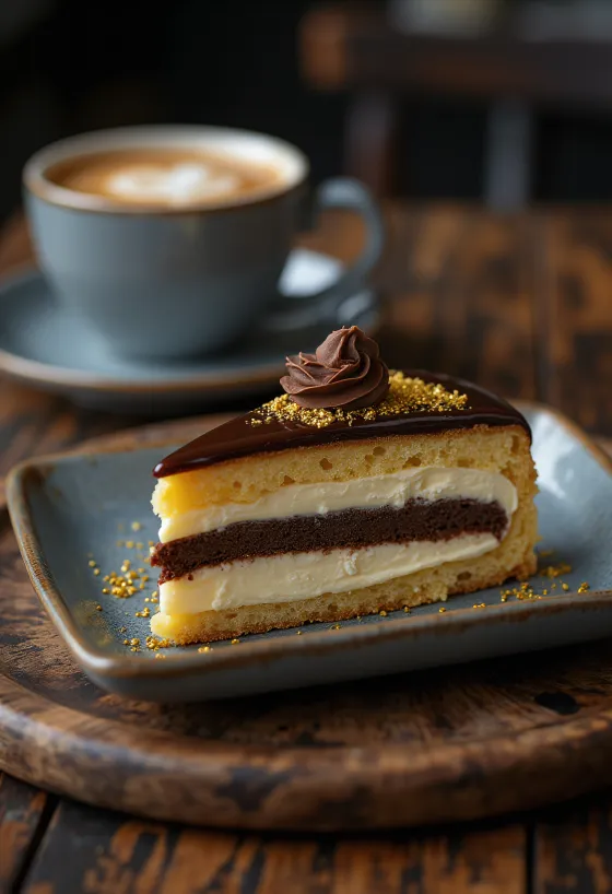 Pastel Ópera francés con capas de ganache de chocolate y sabor a espresso