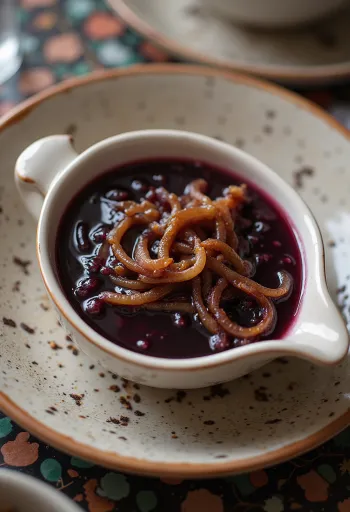 Salsa de cebolla al vino tinto especiada servida