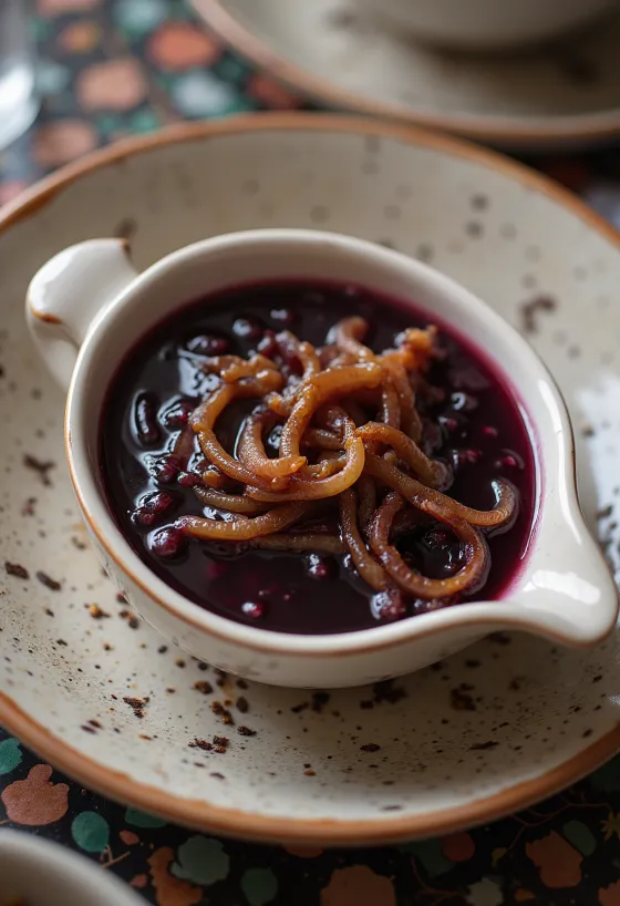 Salsa de cebolla al vino tinto especiada servida