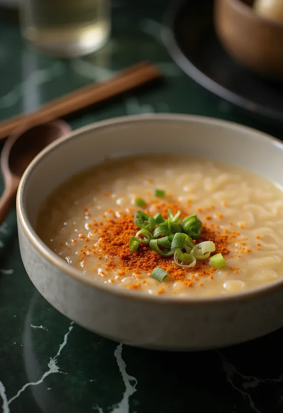 Kasu jiru con shichimi togarashi, servido con huevo y perejil fresco