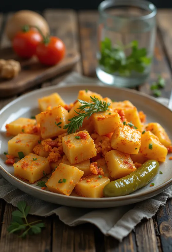 Pasta con papas servida con cebolla frita y páprika roja