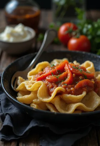Pimiento con salsa de tomate, decorado con albahaca fresca, platillo sencillo y delicioso