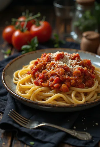 Pasta al pomodoro con albahaca fresca y queso parmesano rallado