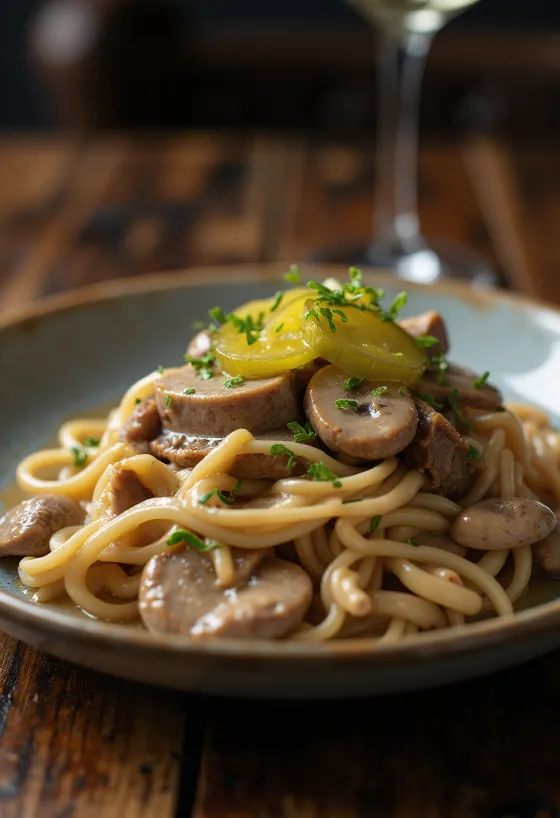 Filete Stroganoff servido con salsa cremosa