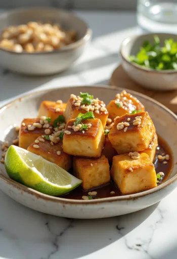 Bocaditos de tofu con cacahuate tostado servidos