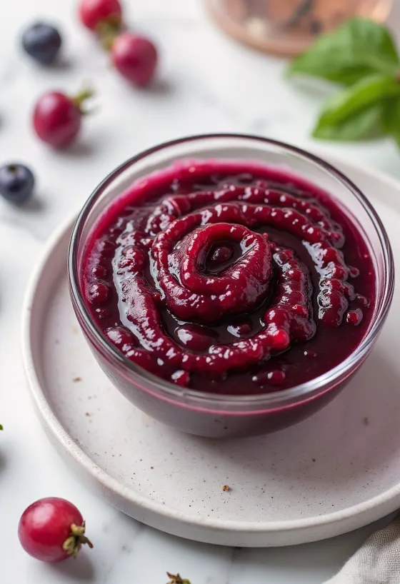 Salsa de vino tinto con rosa mosqueta en un tazón, decorada con romero fresco.