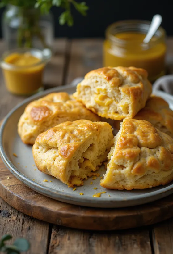 Scone con mostaza bávara servido