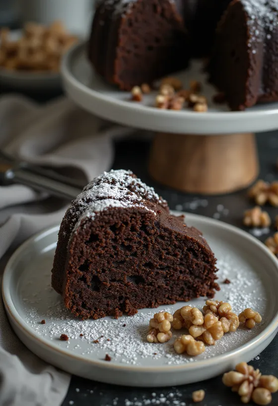 Pastel de chocolate y nuez servido