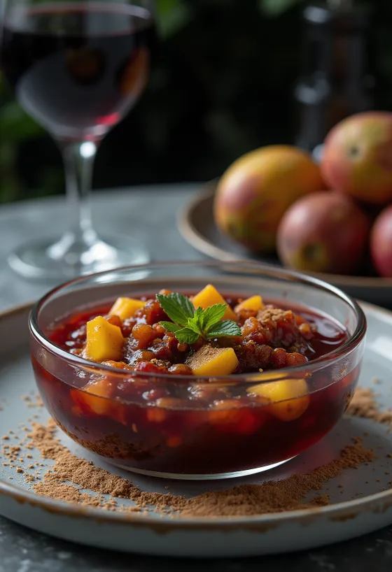 Chutney de mango y vino tinto con canela servido en un tazón