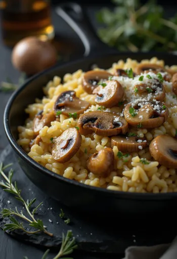 Arroz con champiñones servido con perejil fresco y parmesano