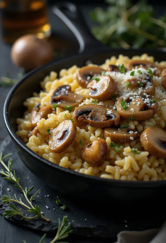 Arroz con champiñones servido con perejil fresco y parmesano