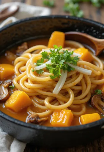 Tazón de Udon Hōtō con fideos y sopa de calabaza, cilantro fresco y ajonjolí