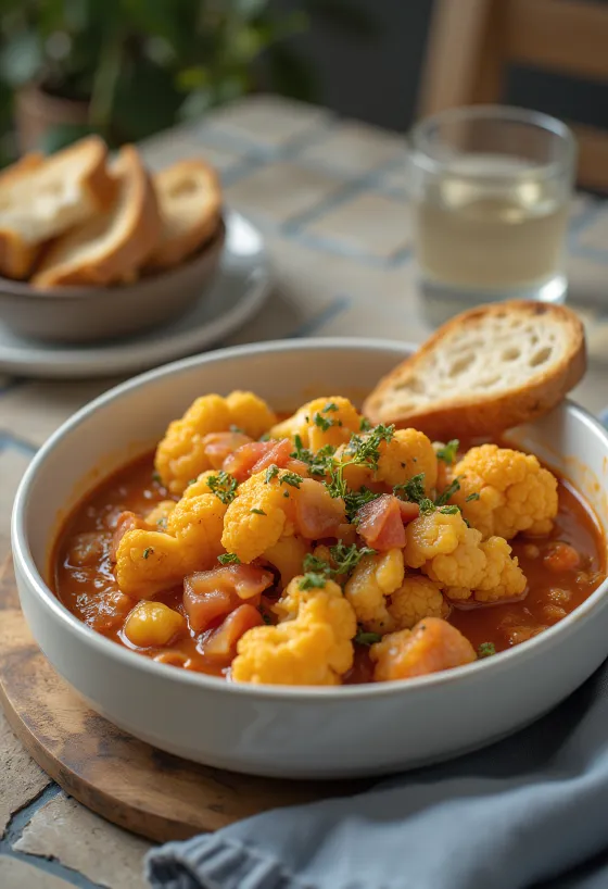 Estofado de coliflor especiado en base de tomate jugosa, con perejil fresco.